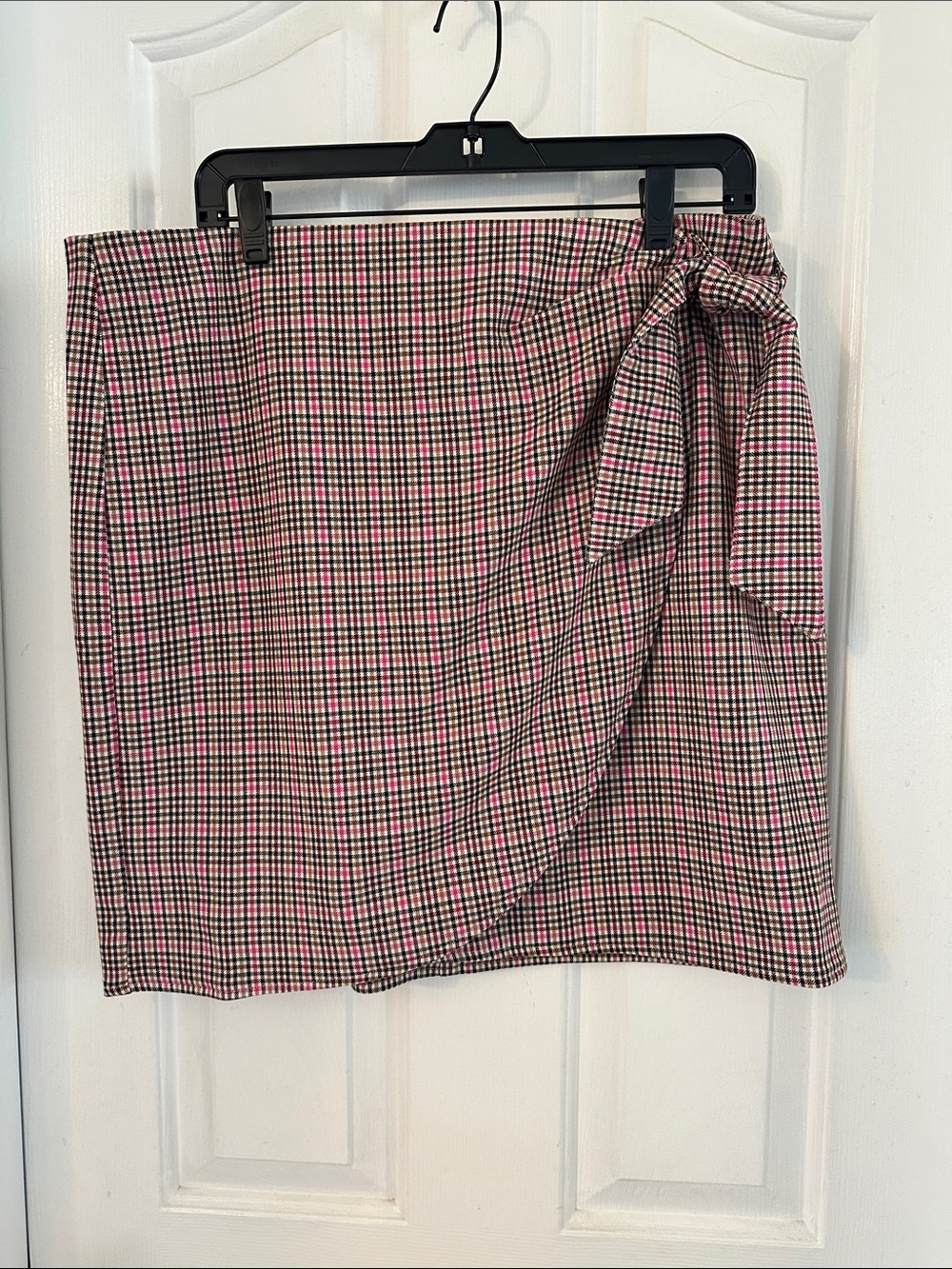 LOFT Pink and Black Plaid Tie-Waist Mini Skirt